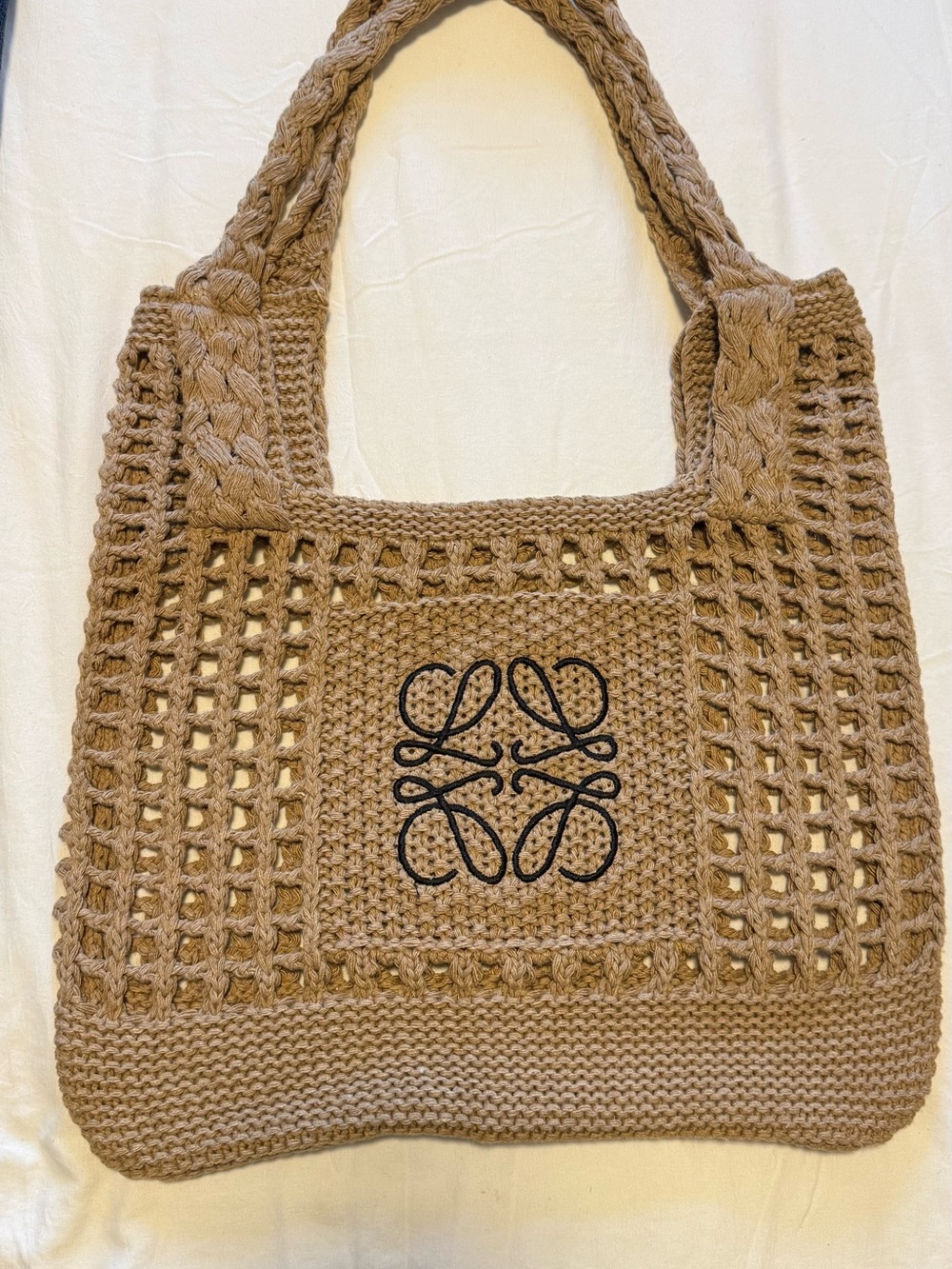 Woven Crochet Tote Bag in Tan with Decorative Embroidery